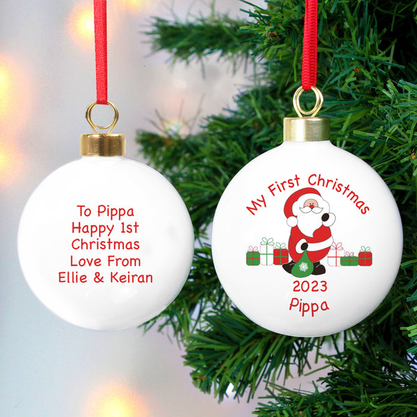 Personalised Santa with Presents Bauble in gift category Personalised Baubles