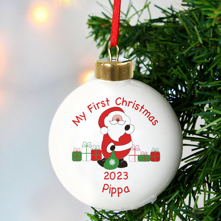 Personalised Santa with Presents Bauble in gift category Personalised Baubles