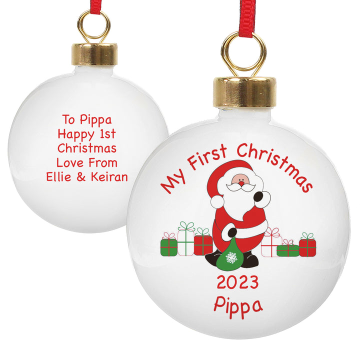 Personalised Santa with Presents Bauble in gift category Personalised Baubles