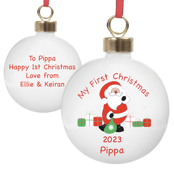 Personalised Santa with Presents Bauble in gift category Personalised Baubles