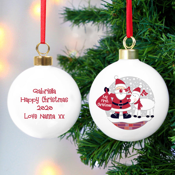 Personalised Rooftop Santa First Christmas Bauble in gift category Personalised Christmas Baubles