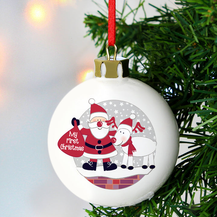 Personalised Rooftop Santa First Christmas Bauble - part of the Gifts Finder Personalised Christmas Baubles collection