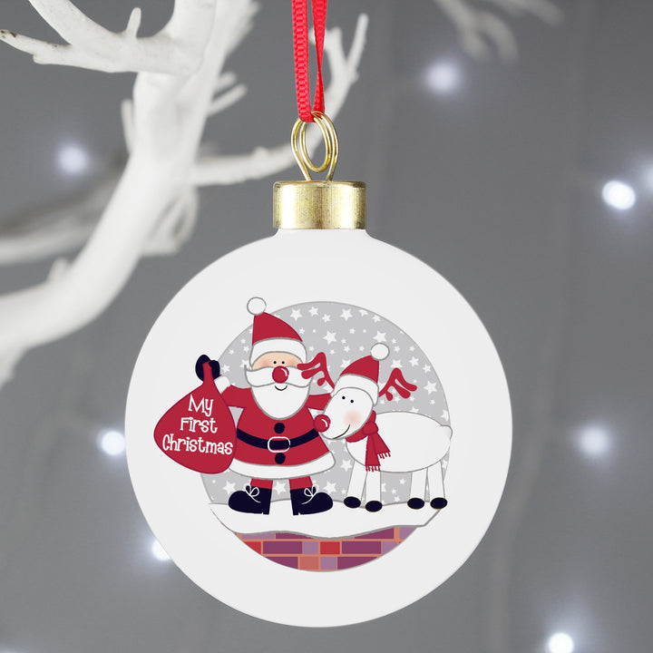 Personalised Rooftop Santa First Christmas Bauble - part of the Gifts Finder Personalised Christmas Baubles collection