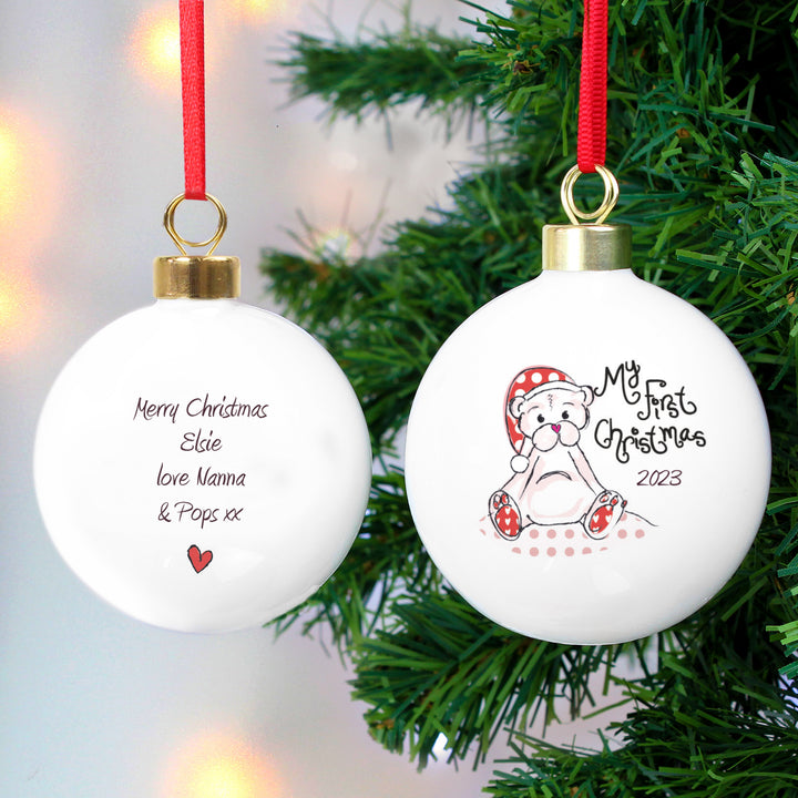 Buy Personalised Cute Teddy My 1st Xmas Bauble available now at www.giftsfinder.co.uk