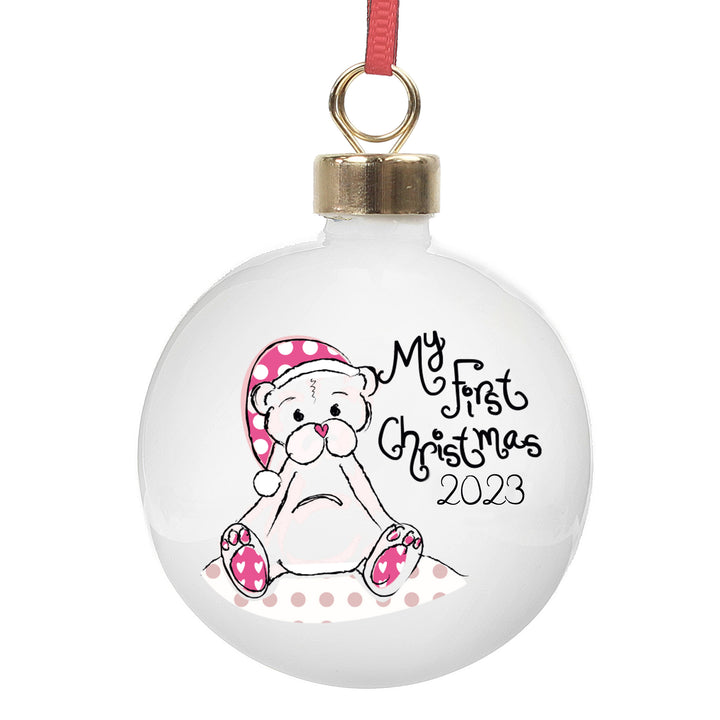 Buy Personalised Cute Teddy My 1st Xmas Bauble available now at www.giftsfinder.co.uk