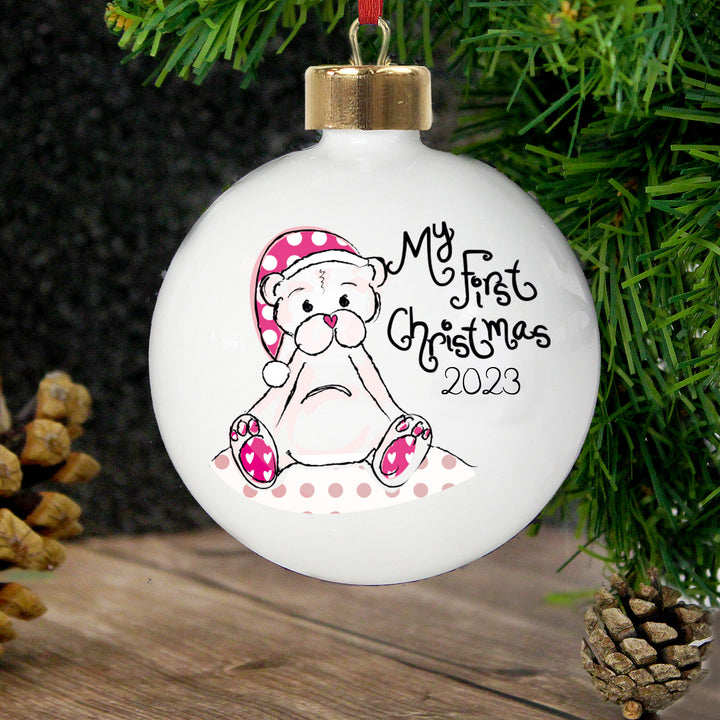 Buy Personalised Cute Teddy My 1st Xmas Bauble available now at www.giftsfinder.co.uk