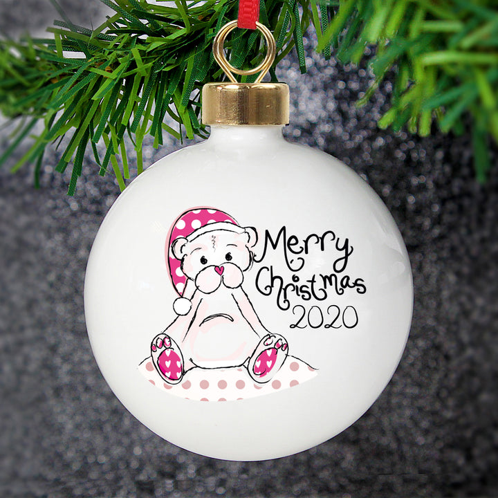 Buy Personalised Cute Teddy Merry Xmas Bauble available now at www.giftsfinder.co.uk