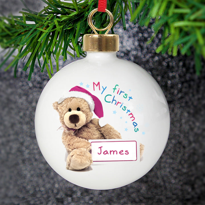 Personalised Teddy 1st Christmas Bauble - part of the Gifts Finder Personalised Christmas Baubles collection