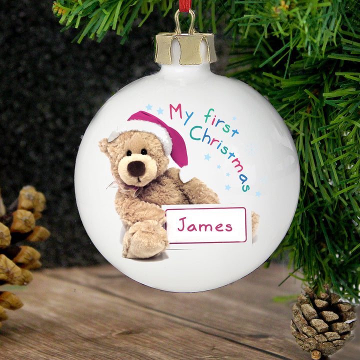 Personalised Teddy 1st Christmas Bauble - part of the Gifts Finder Personalised Christmas Baubles collection