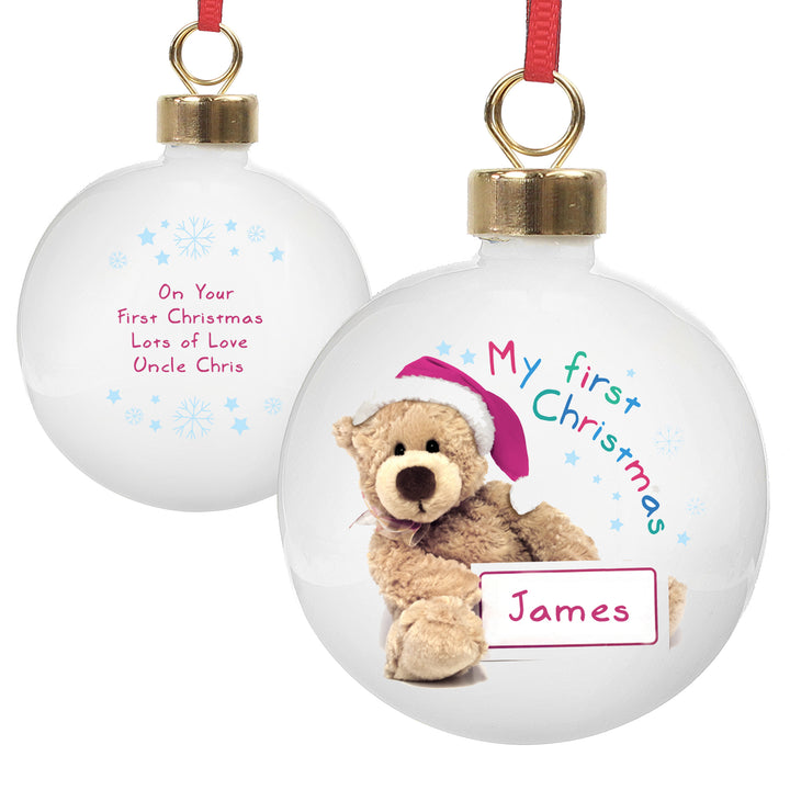 Personalised Teddy 1st Christmas Bauble - part of the Gifts Finder Personalised Christmas Baubles collection