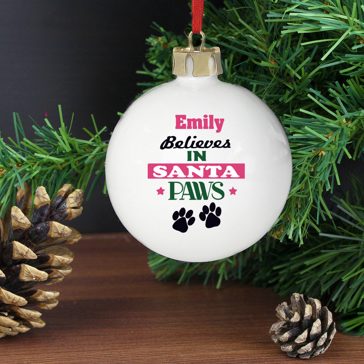 Personalised Santa Paws Bauble in gift category Personalised Baubles