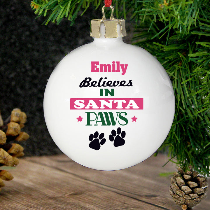 Personalised Santa Paws Bauble in gift category Personalised Baubles