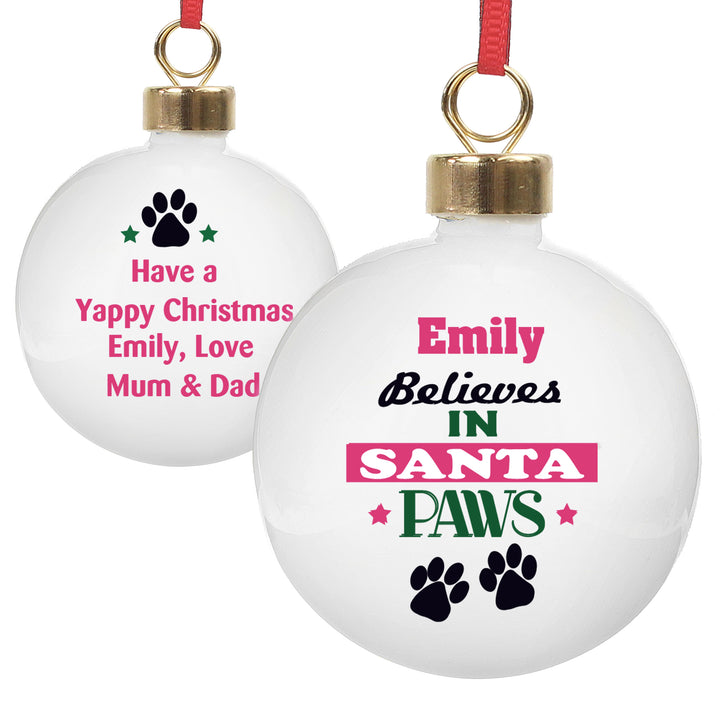 Personalised Santa Paws Bauble in gift category Personalised Baubles