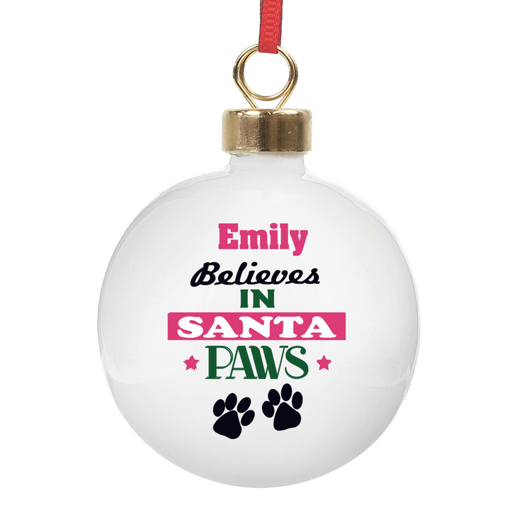 Personalised Santa Paws Bauble in gift category Personalised Baubles