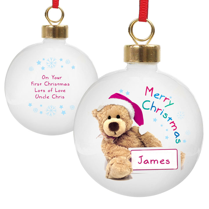 Personalised Teddy Christmas Bauble - part of the Gifts Finder Personalised Christmas Baubles collection