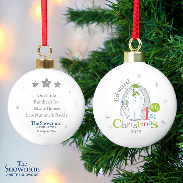 Buy Personalised The Snowman and the Snowdog My 1st Christmas Bauble at www.giftsfinder.co.uk