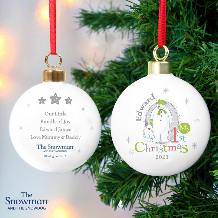 Personalised The Snowman And The Snowdog My 1st Christmas Bauble - part of the Gifts Finder Personalised Christmas Baubles collection