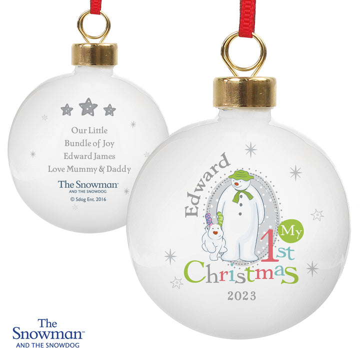 Personalised The Snowman And The Snowdog My 1st Christmas Bauble - part of the Gifts Finder Personalised Christmas Baubles collection