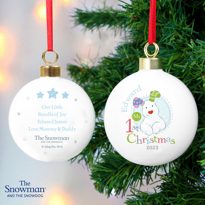 Personalised The Snowman And The Snowdog My 1st Christmas Blue Bauble - part of the Gifts Finder Personalised Christmas Baubles collection