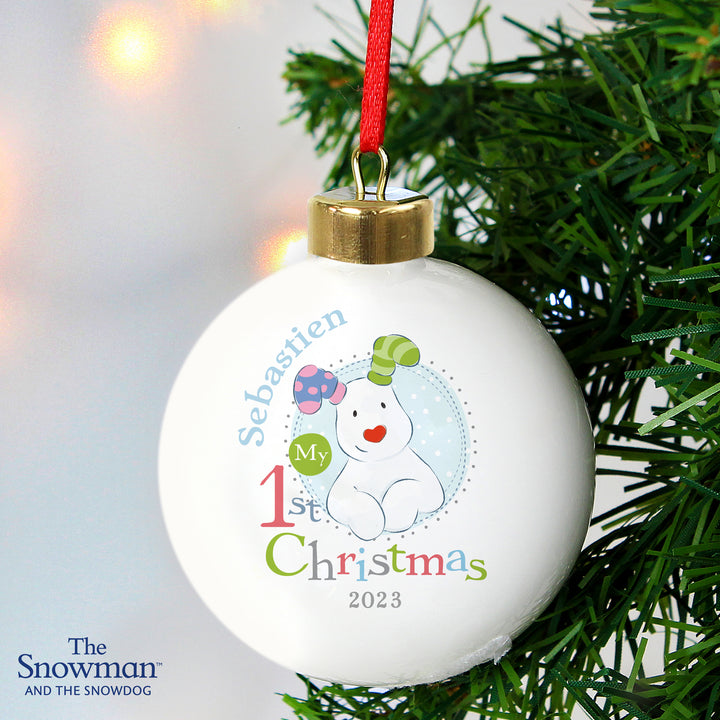 Personalised The Snowman And The Snowdog My 1st Christmas Blue Bauble - part of the Gifts Finder Personalised Christmas Baubles collection