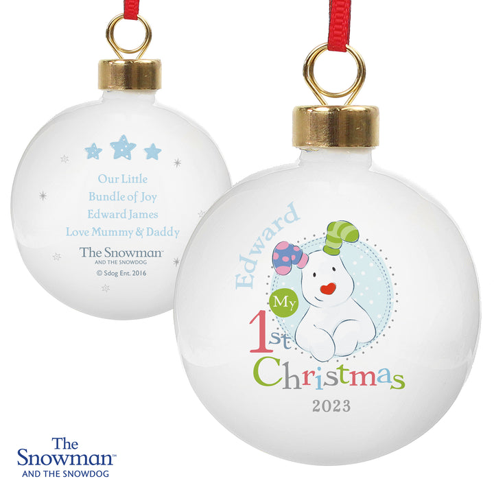 Personalised The Snowman And The Snowdog My 1st Christmas Blue Bauble - part of the Gifts Finder Personalised Christmas Baubles collection