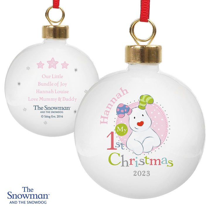 Buy Personalised The Snowman and the Snowdog My 1st Christmas Pink Bauble at www.giftsfinder.co.uk