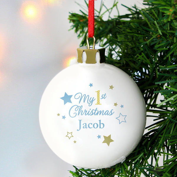 Buy Personalised Gold & Blue Stars My 1st Christmas Bauble at www.giftsfinder.co.uk