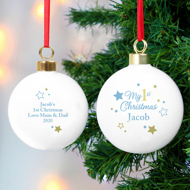 Personalised Gold & Blue Stars My 1st Christmas Bauble - part of the Gifts Finder Personalised Christmas Baubles collection