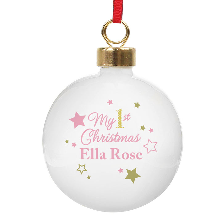 Personalised Gold & Pink Stars My 1st Christmas Bauble - part of the Gifts Finder Personalised Christmas Baubles collection