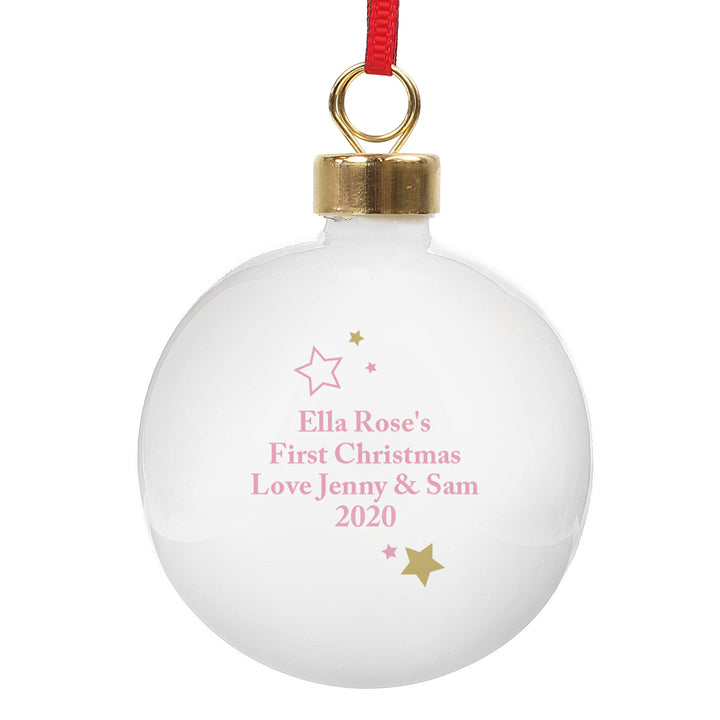 Personalised Gold & Pink Stars My 1st Christmas Bauble - part of the Gifts Finder Personalised Christmas Baubles collection