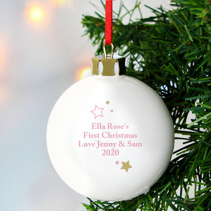 Personalised Gold & Pink Stars My 1st Christmas Bauble - part of the Gifts Finder Personalised Christmas Baubles collection