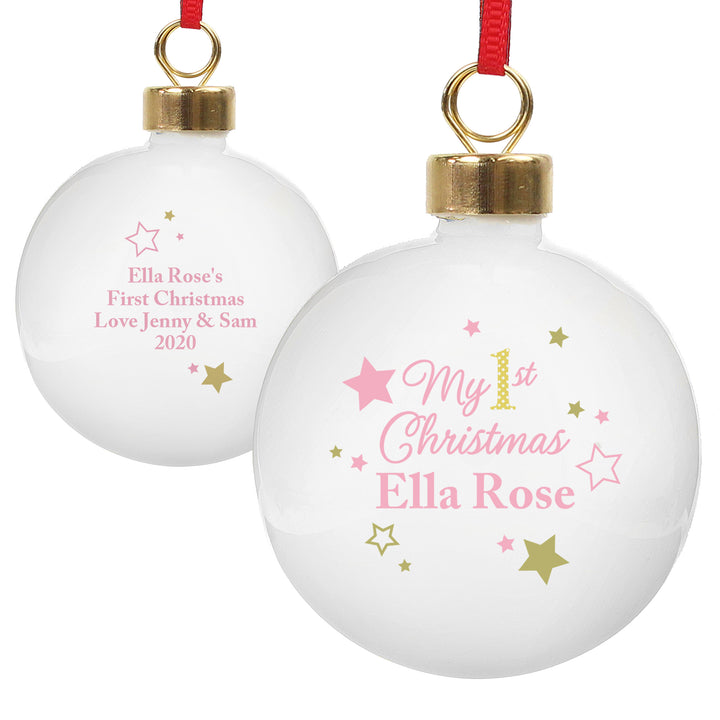 Personalised Gold & Pink Stars My 1st Christmas Bauble - part of the Gifts Finder Personalised Christmas Baubles collection