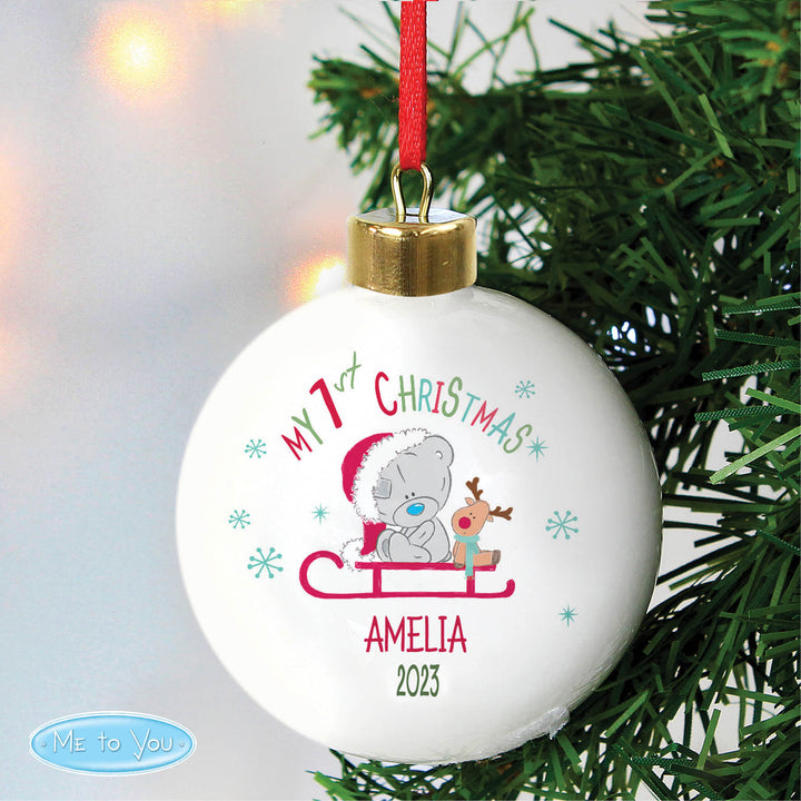 Personalised Tiny Tatty Teddy My 1st Christmas Sleigh Bauble - part of the Gifts Finder Personalised Christmas Baubles collection