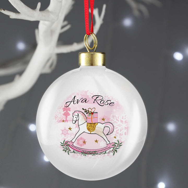 Buy Personalised Pink Rocking Horse Bauble at www.giftsfinder.co.uk