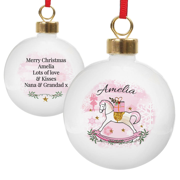 Buy Personalised Pink Rocking Horse Bauble at www.giftsfinder.co.uk