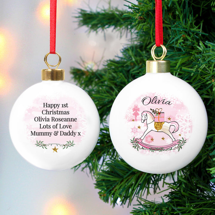 Buy Personalised Pink Rocking Horse Bauble at www.giftsfinder.co.uk