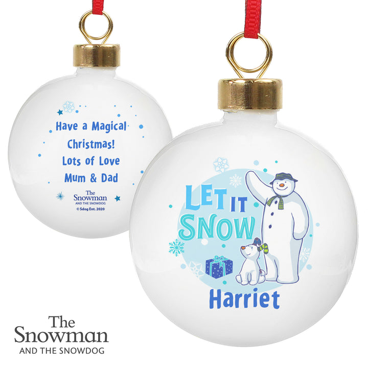 Buy Personalised The Snowman and the Snowdog Blue Bauble at www.giftsfinder.co.uk