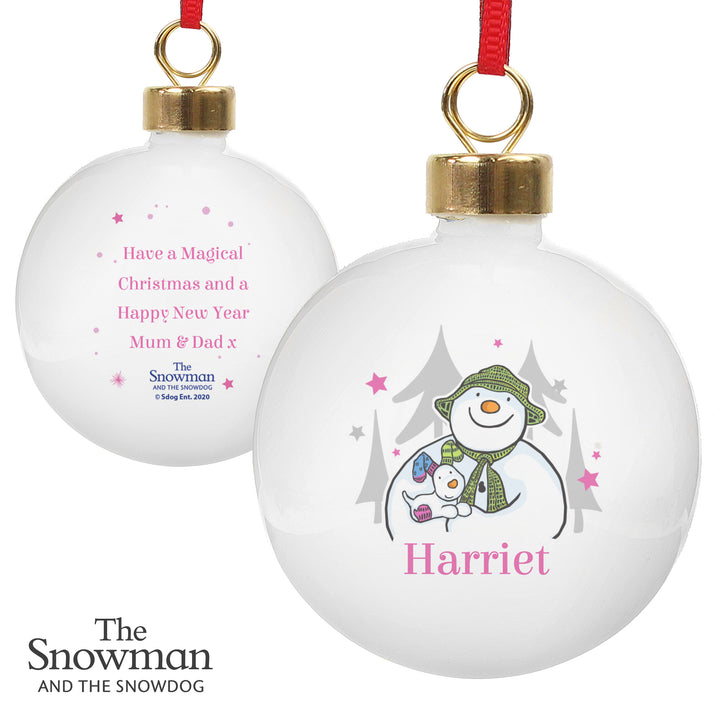 Buy Personalised The Snowman and the Snowdog Pink Bauble at www.giftsfinder.co.uk