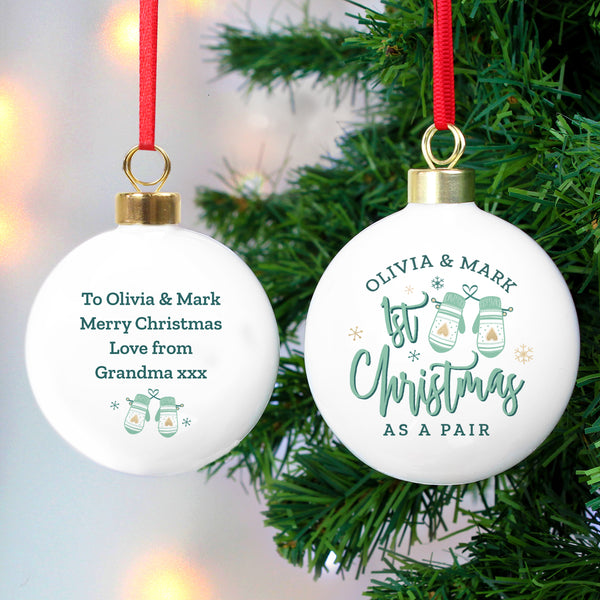 Buy Personalised Couples Christmas Mittens Bauble available now at www.giftsfinder.co.uk