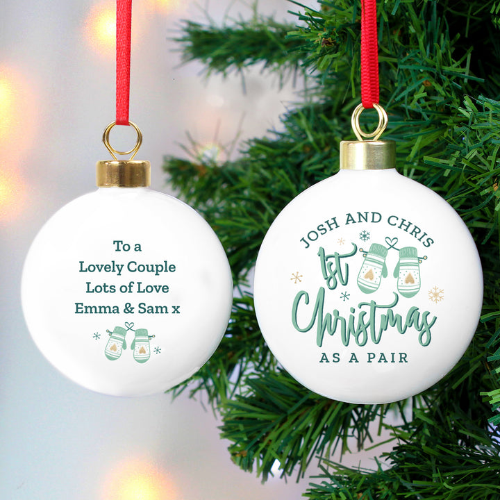 Personalised Couples Christmas Mittens Bauble - part of the Gifts Finder Christmas Decorations collection