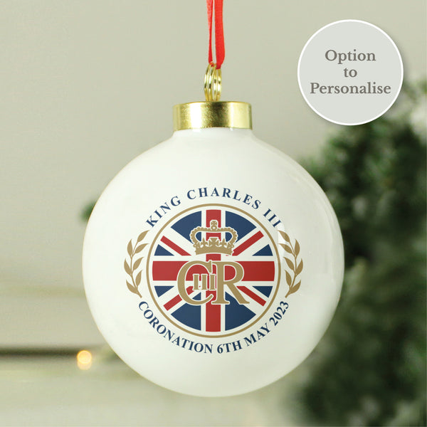 His Majesty King Charles III Union Jack Coronation Commemorative Bauble (Personalised King Charles III Coronation Commemorative Gifts) available to buy now at www.giftsfinder.co.uk