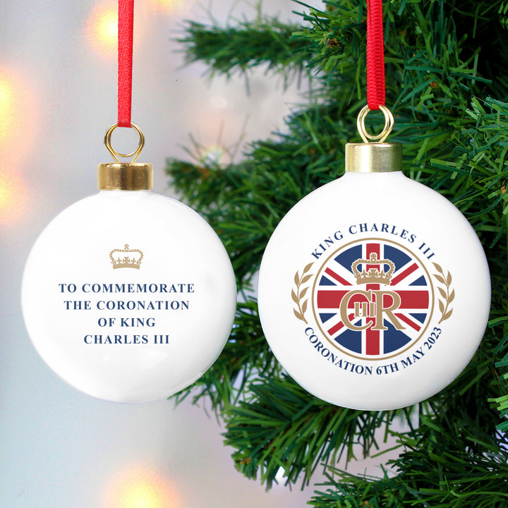 His Majesty King Charles III Union Jack Coronation Commemorative Bauble (Personalised King Charles III Coronation Commemorative Gifts) available to buy now at www.giftsfinder.co.uk