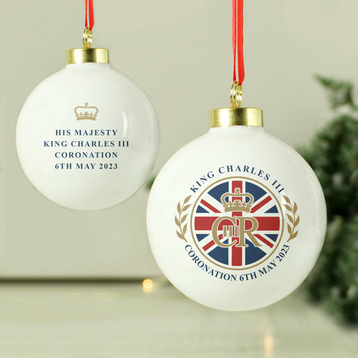 His Majesty King Charles III Union Jack Coronation Commemorative Bauble (Personalised King Charles III Coronation Commemorative Gifts) available to buy now at www.giftsfinder.co.uk