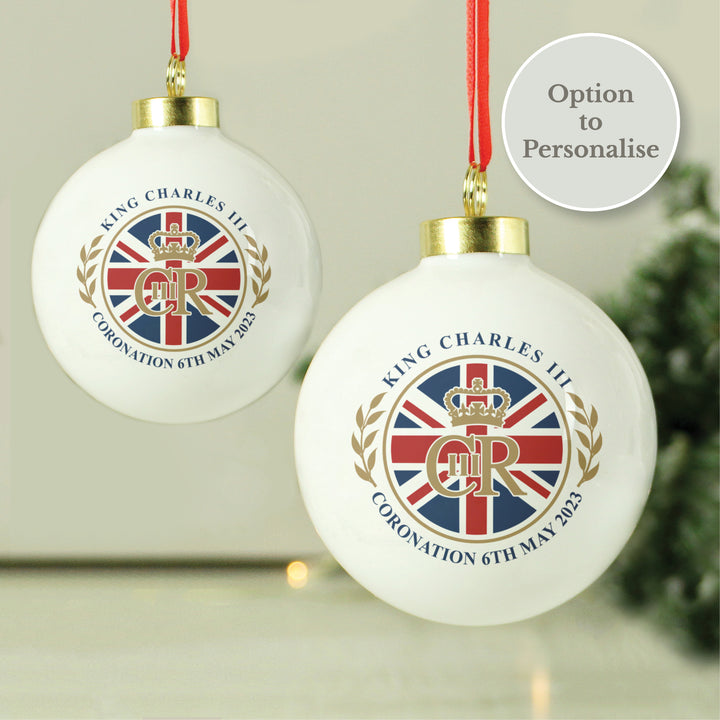 His Majesty King Charles III Union Jack Coronation Commemorative Bauble (Personalised King Charles III Coronation Commemorative Gifts) available to buy now at www.giftsfinder.co.uk