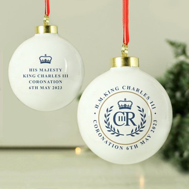 Buy King Charles III Blue Crest Coronation Commemorative Bauble available now at www.giftsfinder.co.uk