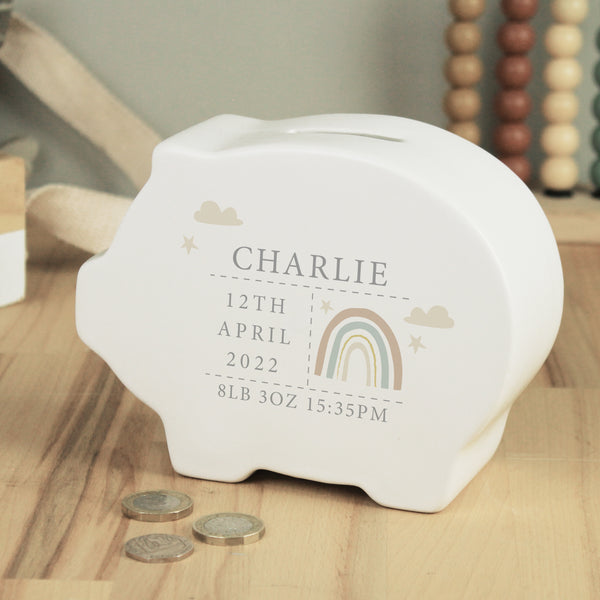 Personalised Rainbow Piggy Bank in gift category Personalised Money Boxes