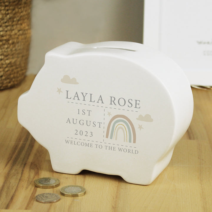 Personalised Rainbow Piggy Bank in gift category Personalised Money Boxes