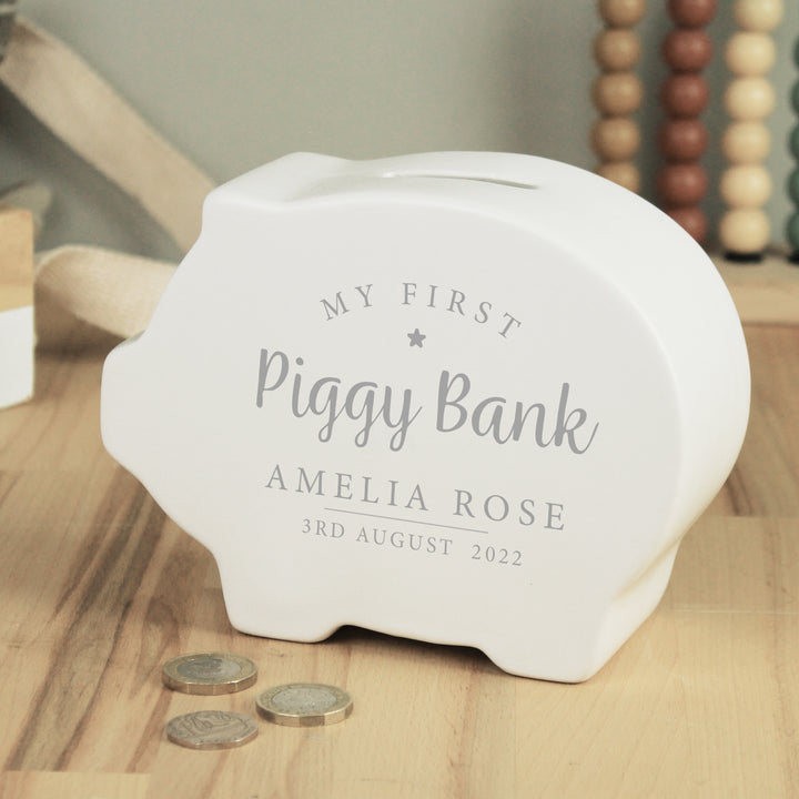 Buy Personalised My First Piggy Bank at www.giftsfinder.co.uk