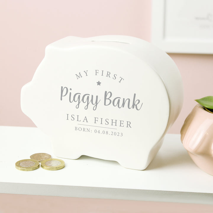 Buy Personalised My First Piggy Bank at www.giftsfinder.co.uk