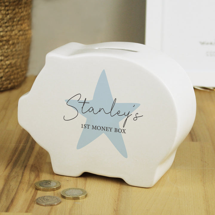 Buy Personalised Blue Star Piggy Bank available now at www.giftsfinder.co.uk